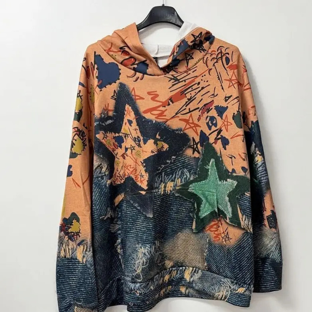 L882 | Loowie Denim Star Graphic Sweatshirt Hoodie | Orange | One Size S-L